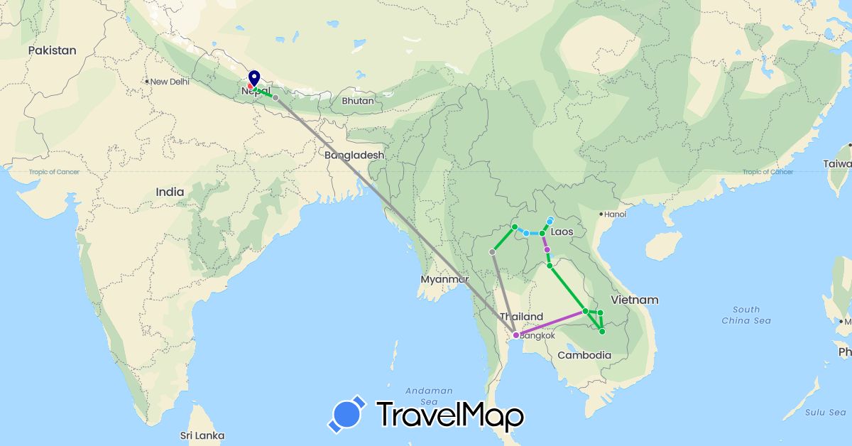 TravelMap itinerary: driving, bus, plane, train, hiking, boat in Laos, Nepal, Thailand (Asia)